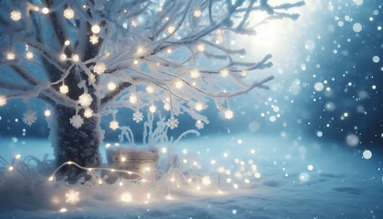 Wall Mural - A winter scene featuring frosted tree branches adorned with glowing string lights. Soft falling snowflakes fill the air while a blurred cool toned background creates a dreamy ethereal atmosphere