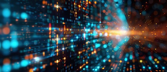 Futuristic Digital Grid with Streaming Binary Code Technology Concept