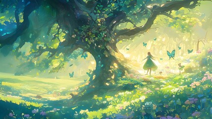 Poster - An anime-style illustration of a serene, magical forest with soft, glowing lights filtering through the trees