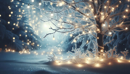 Wall Mural - A winter scene featuring frosted tree branches adorned with glowing string lights. Soft falling snowflakes fill the air while a blurred cool toned background creates a dreamy ethereal atmosphere