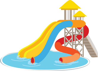 Wall Mural - Colorful water slides with stairs leading to the top are standing in aqua park on a sunny summer day