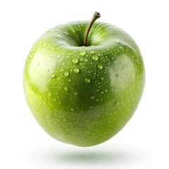 Falling green juicy apple isolated on white background, selective focus