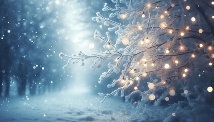 Wall Mural - A winter scene featuring frosted tree branches adorned with glowing string lights. Soft falling snowflakes fill the air while a blurred cool toned background creates a dreamy ethereal atmosphere