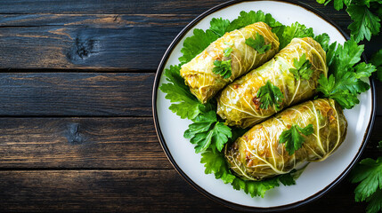 Canvas Print - Cabbage rolls stuffed with meat and rice, decorated with parsley, lying on white plate on dark wooden table