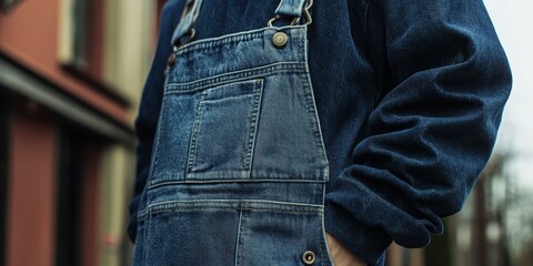 Close up of denim overalls and a jacket.