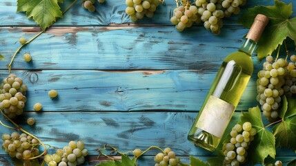 Fresh grape, grape wine bottle over texture background