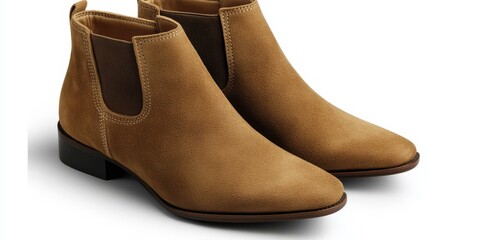 Two brown suede ankle boots with black heels.