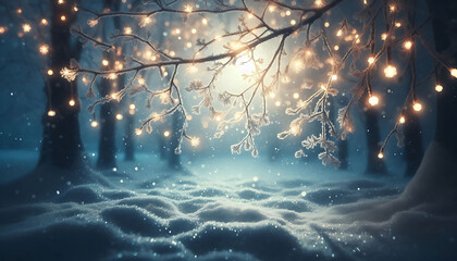 Wall Mural - A winter scene featuring frosted tree branches adorned with glowing string lights. Soft falling snowflakes fill the air while a blurred cool toned background creates a dreamy ethereal atmosphere