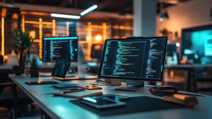 Coding Workstation in a Dimly Lit Office