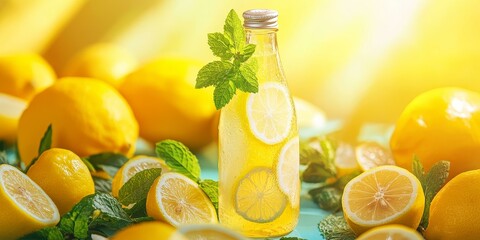 Wall Mural - Lemonade with lemon slices and mint leaves.