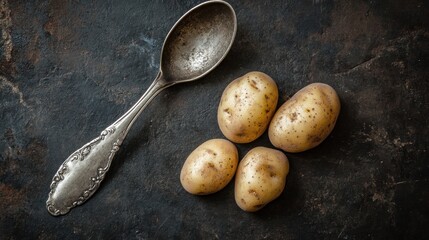 Wall Mural - Potatoes and a Spoon on a Rustic Background