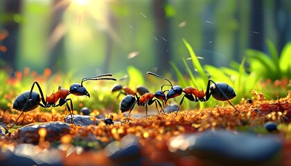 Wall Mural - Unity in Nature: Ants Collaborating on a Lush Forest Floor with Sunlight Filtering Through the Trees