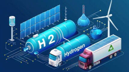 Isometric Hydrogen energy car. Alternative energy and zero emission. Hydrogen powered transportation, green hydrogen from renewable energy sources, Vector illustration of an energy storage system.