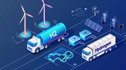 Isometric Hydrogen energy car. Alternative energy and zero emission. Hydrogen powered transportation, green hydrogen from renewable energy sources, Vector illustration of an energy storage system.