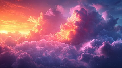 Wall Mural - As the sun sets on the horizon, the sky comes alive with vivid hues reflected in the thick clouds. Orange, pink, and purple merge beautifully, creating a breathtaking atmosphere