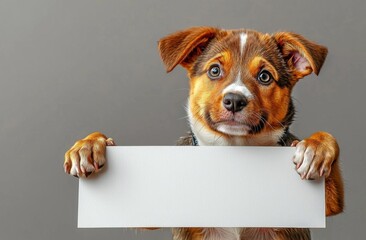 Hyber realistic photo of  Cute smart dog holding pushing white board ( placard, poster ) where you can place your information logo or images