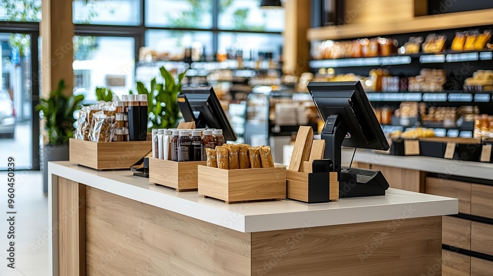 Checkout counter in a modern store, with neatly displayed products ...