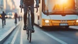 City life on two wheels, cyclist riding next to a bus in a warm evening light, showcasing the everyday rhythm of urban transit