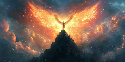 Sticker - A fiery winged figure stands atop a mountain.