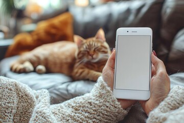 Hyber realistic photo of  Mockup image of a woman's hand holding white mobile phone with blank screen and a sleeping brown cat in background  , copy space for text,