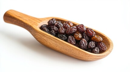 Raisin grain in wooden scoop spoon closeup view