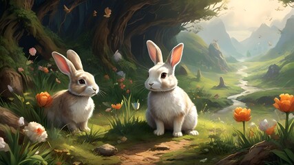 two rabbits in the grass