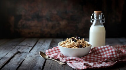 Breakfast cereal with raisin and milk