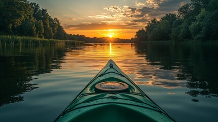 Wall Mural - Green Kayak on a Lake at Sunset