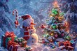 © pundapanda - A cheerful snowman holding a candy cane stands among gifts and a snow-covered Christmas tree, adorned with ornaments and lights, creating a bright, festive scene