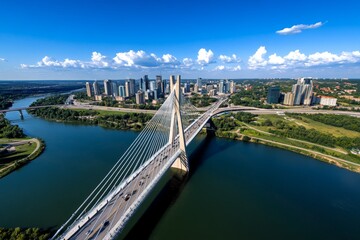 panoramic photo, city bridge, spanning a river shows the engineering marvel and the connection betwe