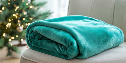 Poster - Teal blanket on white couch in front of Christmas tree.