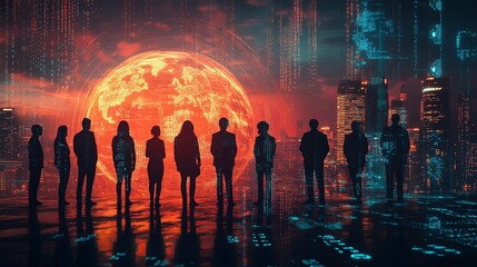 Silhouettes of People Against a Futuristic Cityscape with a Glowing Earth