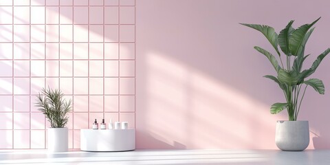 Poster - Pink tiled wall, plants, white table, products.