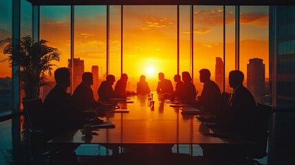 business meeting silhouettes at sunset in a skyscraper