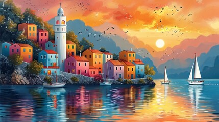 Wall Mural - Sunset seaside town with sailing ships colorful landscape with houses trees hills and water reflection scenic view travel concept background