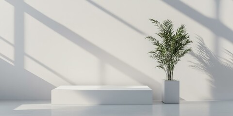 Canvas Print - White room with plant, platform, and shadows.