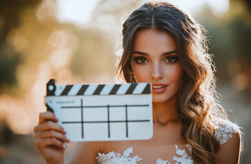 Canvas Print - A wedding photographer holding up an open clapperboard to the camera, focusing on her face and shoulders in front of the screen.