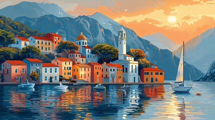 Wall Mural - Sunset seaside town with sailing ships colorful landscape with houses trees hills and water reflection scenic view travel concept background