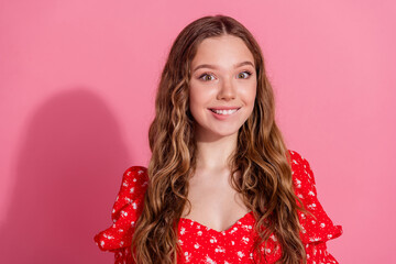 Canvas Print - Photo portrait of lovely teen lady excited face bite lips dressed stylish red garment isolated on pink color background