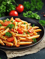 Delicious plate of penne pasta with fresh tomatoes and herbs served on a rustic table with green parsley and oil drizzle