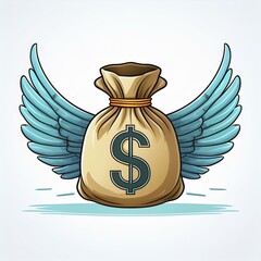 Flying bag of money concept design. money bag with wings cartoon illustration isolated on white background