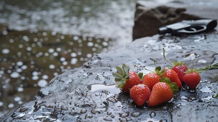 Wall Mural - Drops of fluid included a spray pistol and strawberries on a stone table beside a lake