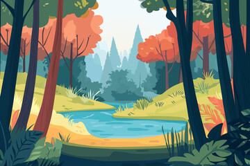 forest river landscape camping trees lake sunset fall nature inspired vector mountain outdoor illustration