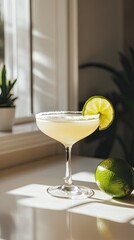 Homemade cocktail in a glass with sliced lemon fruit, inside a kitchen.