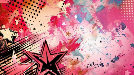 Wall Mural - Playful pink background with comic star patterns and vibrant dotted elements