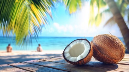 Coconut fruit closeup view on sandy tropical beach