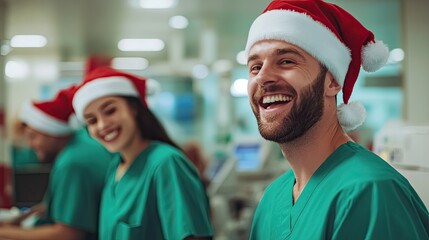 Sticker - Happy doctors and nurses wearing Christmas hats, in the hospital.