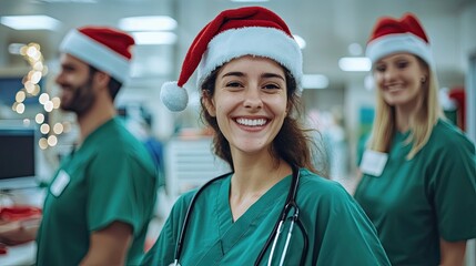 Sticker - Happy doctors and nurses wearing Christmas hats, in the hospital.