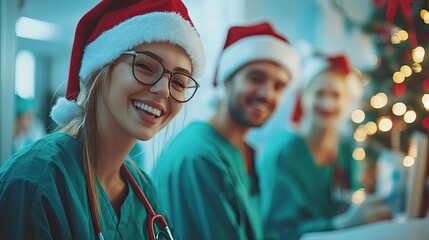 Sticker - Happy doctors and nurses wearing Christmas hats, in the hospital.