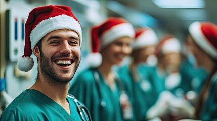 Canvas Print - Happy doctors and nurses wearing Christmas hats, in the hospital.